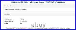 2009-2011 AUDI A6 C6 AC Climate Control / TEMP UNIT 4F1820043AL