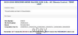 2015-2020 MERCEDES-BENZ GLA250 X156 2.0L AC Climate Control / TEMP UNIT